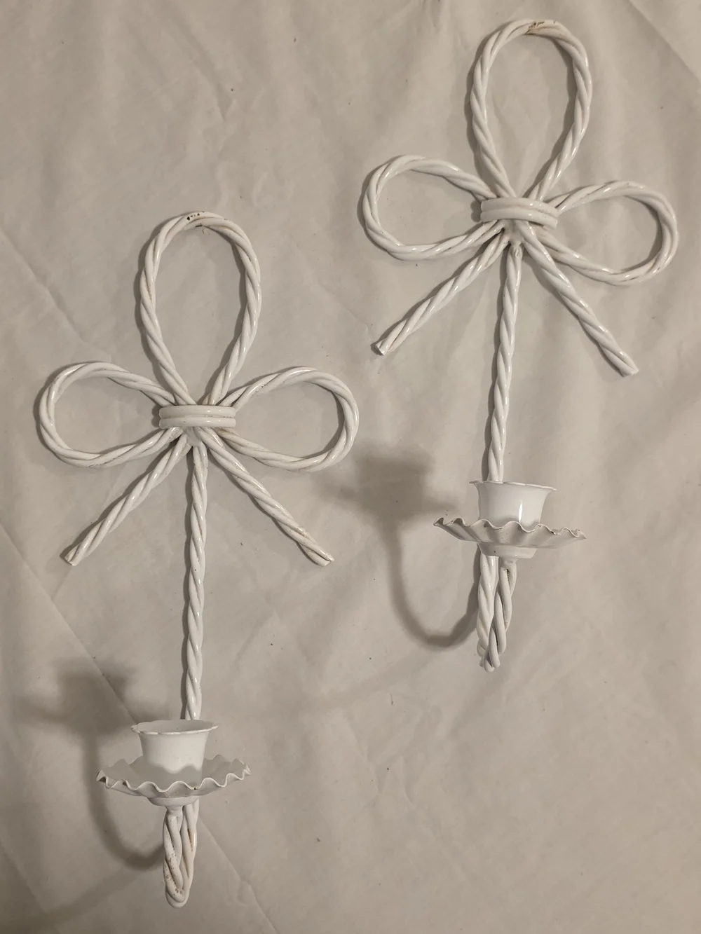Set Of 2 Vintage Homco White Twisted Metal Rope Bow Sconces 12